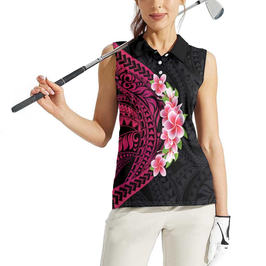 Hawaiian Tropical Plumeria Art Polynesian Tattoo Women Sleeveless Polo Shirt Black and Bright Pink Color