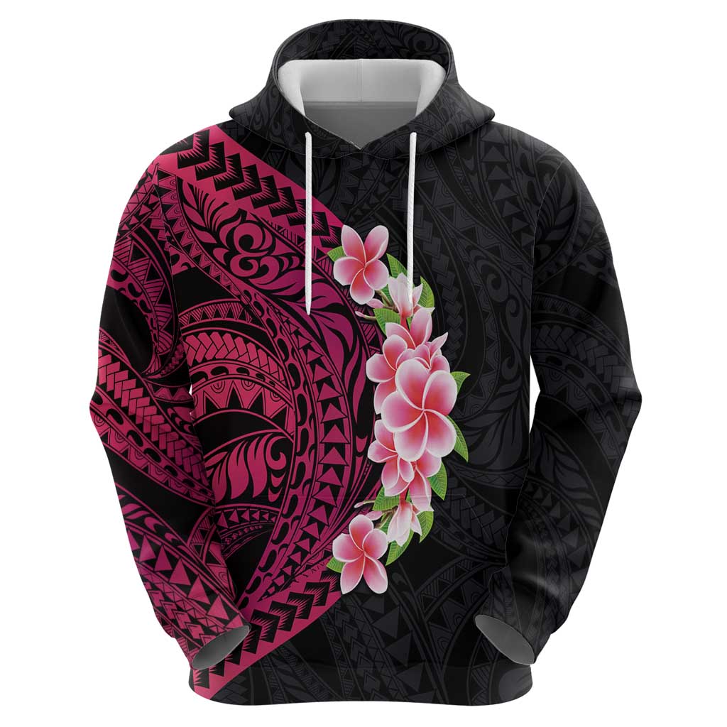 Hawaiian Tropical Plumeria Art Polynesian Tattoo Zip Hoodie Black and Bright Pink Color