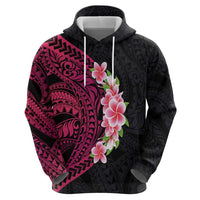 Hawaiian Tropical Plumeria Art Polynesian Tattoo Zip Hoodie Black and Bright Pink Color