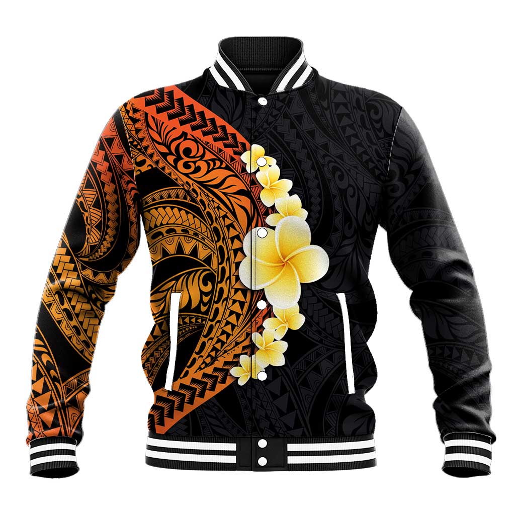 Hawaiian Tropical Plumeria Art Polynesian Tattoo Baseball Jacket Black and Autumn Color Theme LT03 Unisex Orange - Polynesian Pride