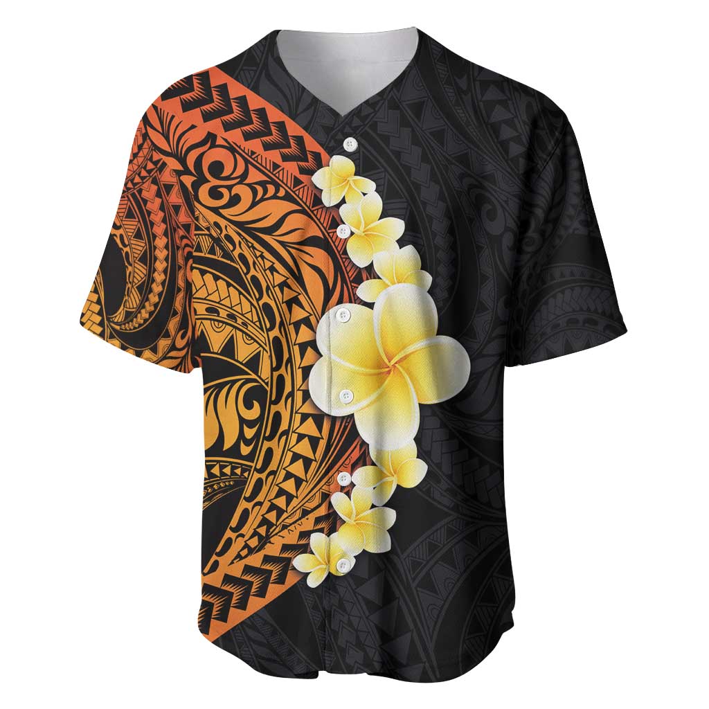 Hawaiian Tropical Plumeria Art Polynesian Tattoo Baseball Jersey Black and Autumn Color Theme