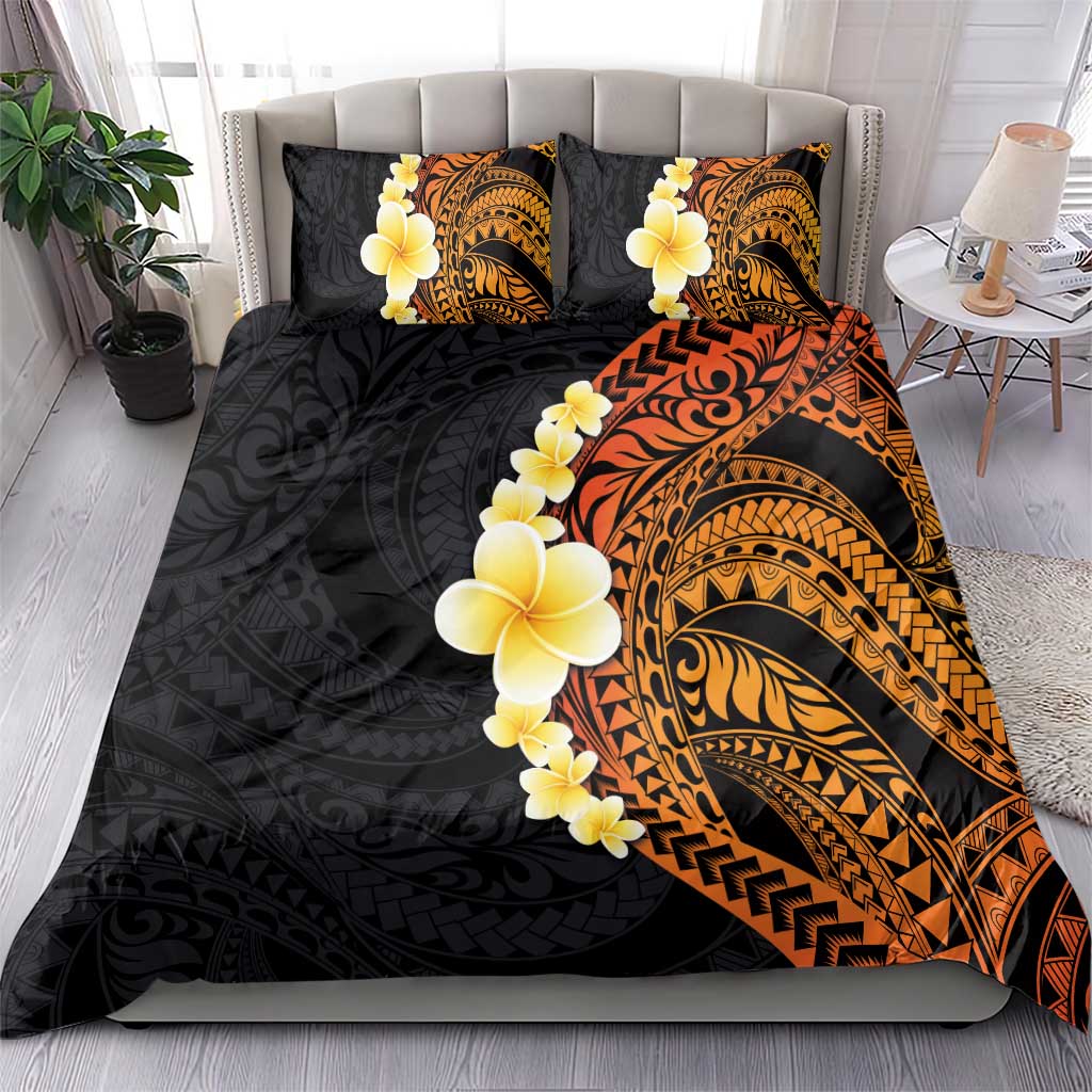 Hawaiian Tropical Plumeria Art Polynesian Tattoo Bedding Set Black and Autumn Color Theme