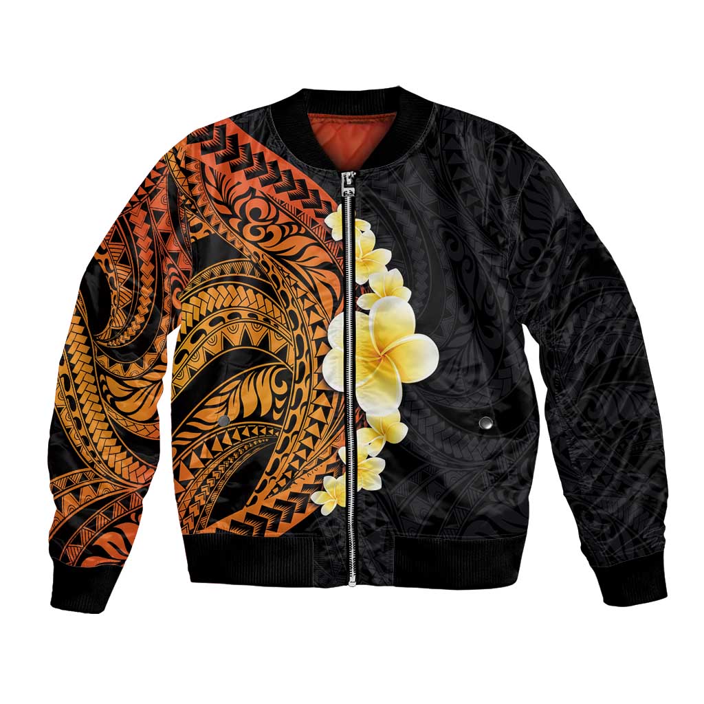 Hawaiian Tropical Plumeria Art Polynesian Tattoo Bomber Jacket Black and Autumn Color Theme LT03 Unisex Orange - Polynesian Pride