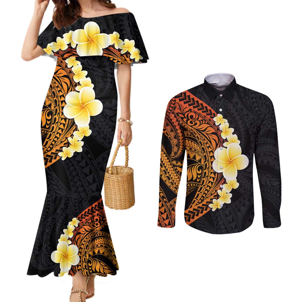 Hawaiian Tropical Plumeria Art Polynesian Tattoo Couples Matching Mermaid Dress and Long Sleeve Button Shirt Black and Autumn Color Theme LT03 Orange - Polynesian Pride