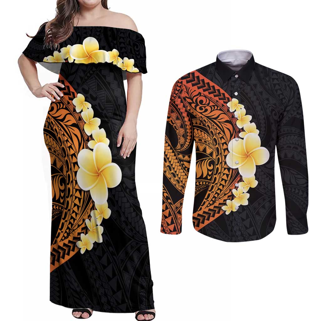 Hawaiian Tropical Plumeria Art Polynesian Tattoo Couples Matching Off Shoulder Maxi Dress and Long Sleeve Button Shirt Black and Autumn Color Theme LT03 Orange - Polynesian Pride