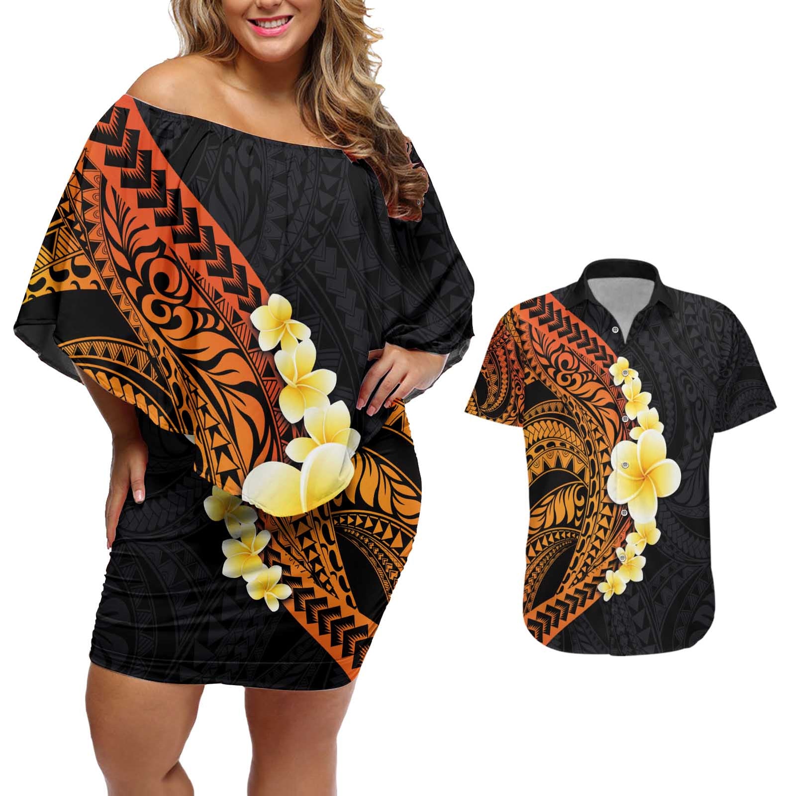 Hawaiian Tropical Plumeria Art Polynesian Tattoo Couples Matching Off Shoulder Short Dress and Hawaiian Shirt Black and Autumn Color Theme LT03 Orange - Polynesian Pride
