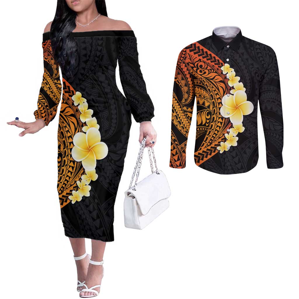 Hawaiian Tropical Plumeria Art Polynesian Tattoo Couples Matching Off The Shoulder Long Sleeve Dress and Long Sleeve Button Shirt Black and Autumn Color Theme LT03 Orange - Polynesian Pride