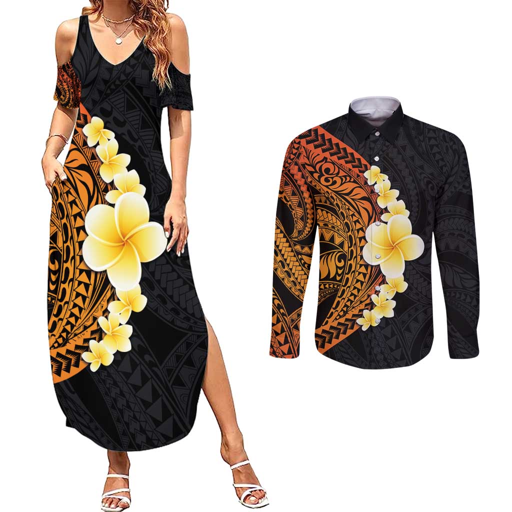 Hawaiian Tropical Plumeria Art Polynesian Tattoo Couples Matching Summer Maxi Dress and Long Sleeve Button Shirt Black and Autumn Color Theme LT03 Orange - Polynesian Pride
