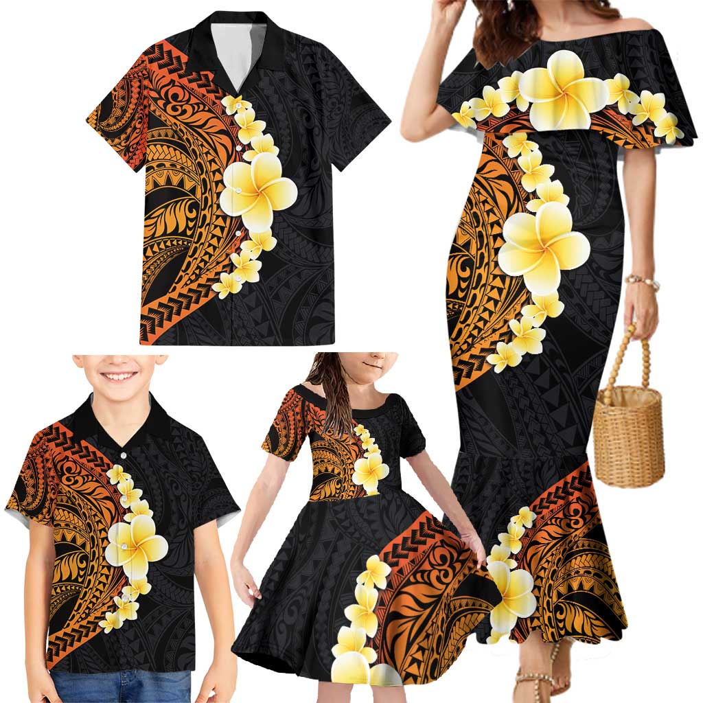 Hawaiian Tropical Plumeria Art Polynesian Tattoo Family Matching Mermaid Dress and Hawaiian Shirt Black and Autumn Color Theme LT03 - Polynesian Pride