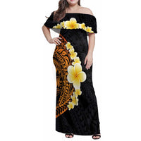 Hawaiian Tropical Plumeria Art Polynesian Tattoo Family Matching Off Shoulder Maxi Dress and Hawaiian Shirt Black and Autumn Color Theme