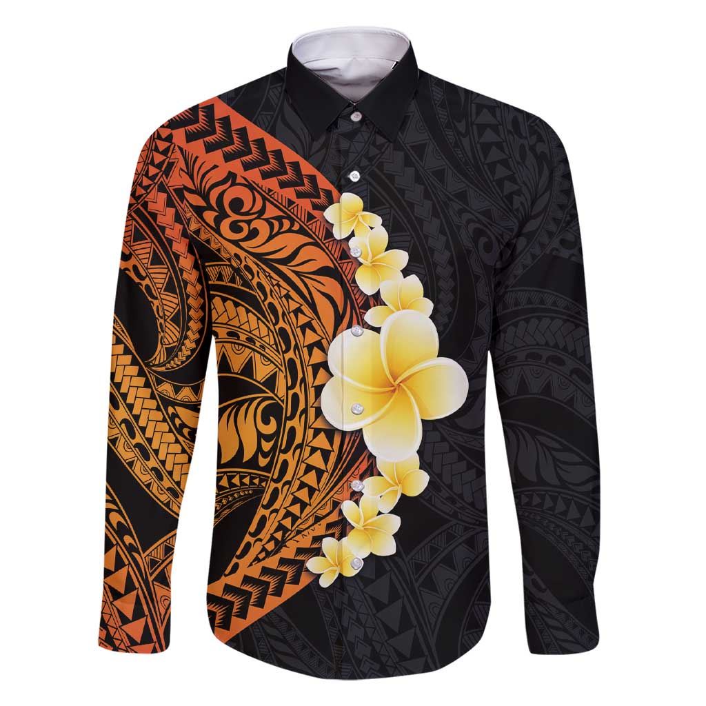 Hawaiian Tropical Plumeria Art Polynesian Tattoo Family Matching Short Sleeve Bodycon Dress and Hawaiian Shirt Black and Autumn Color Theme LT03 Dad's Shirt - Long Sleeve Orange - Polynesian Pride