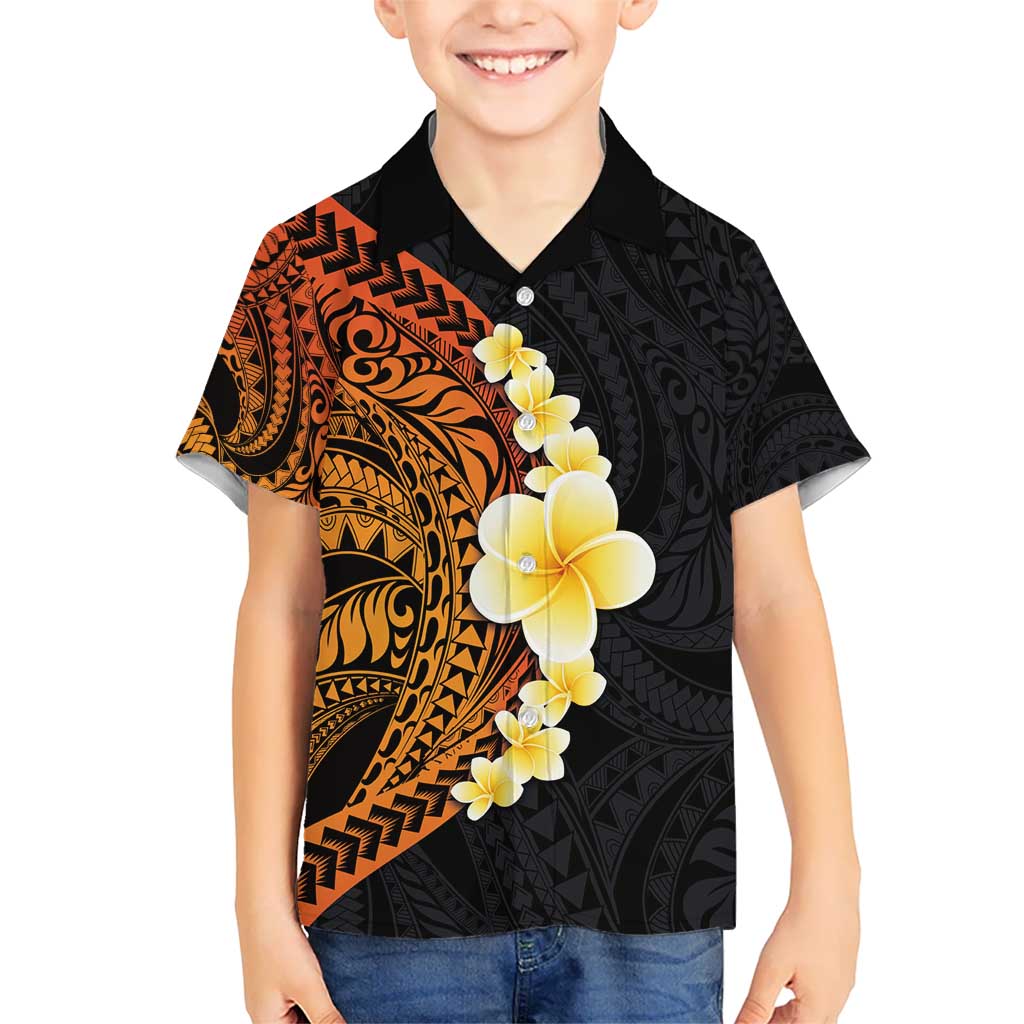 Hawaiian Tropical Plumeria Art Polynesian Tattoo Kid Hawaiian Shirt Black and Autumn Color Theme LT03 Kid Orange - Polynesian Pride