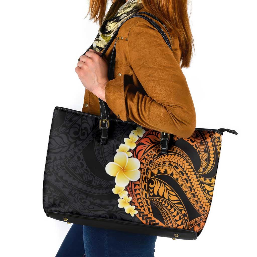 Hawaiian Tropical Plumeria Art Polynesian Tattoo Leather Tote Bag Black and Autumn Color Theme LT03 Orange - Polynesian Pride