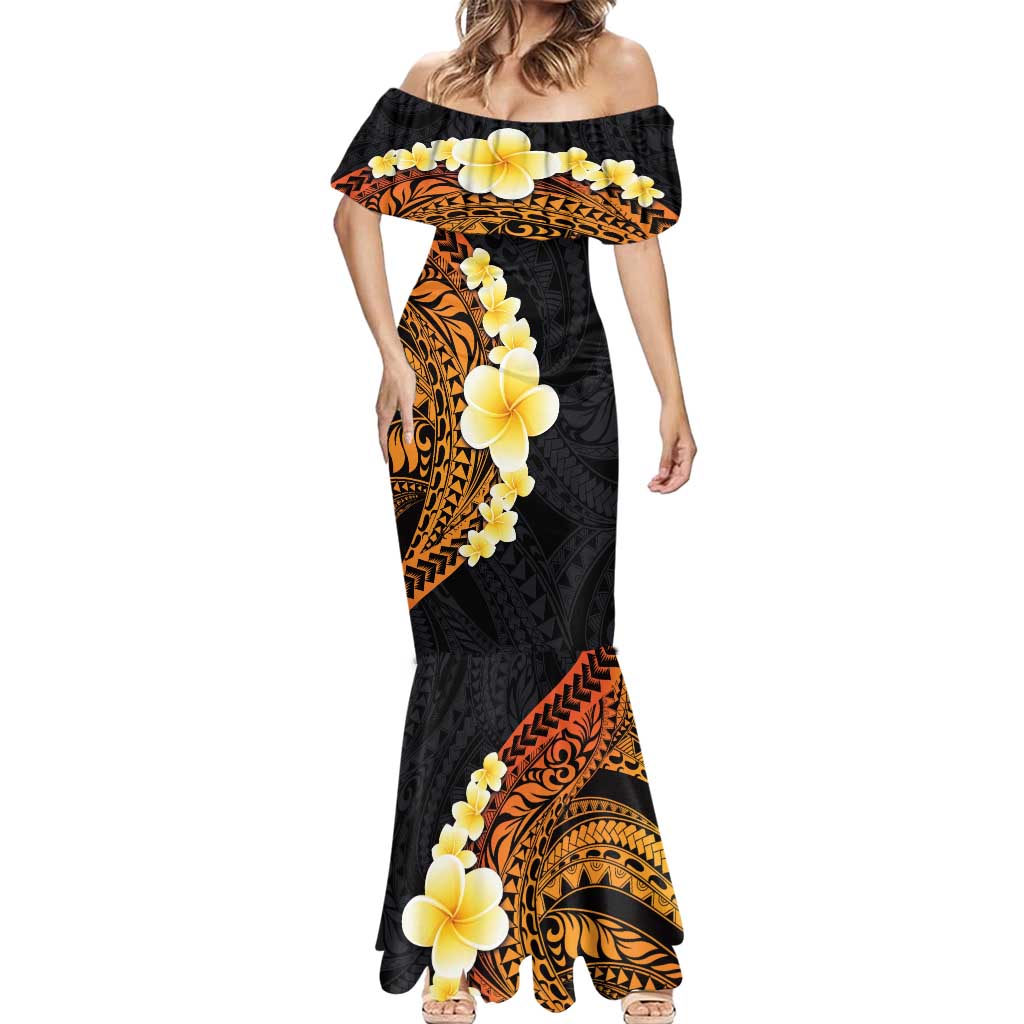 Hawaiian Tropical Plumeria Art Polynesian Tattoo Mermaid Dress Black and Autumn Color Theme Hawaiian Tropical Plumeria Art Polynesian Tattoo Mermaid Dress Black and Autumn Color Theme
