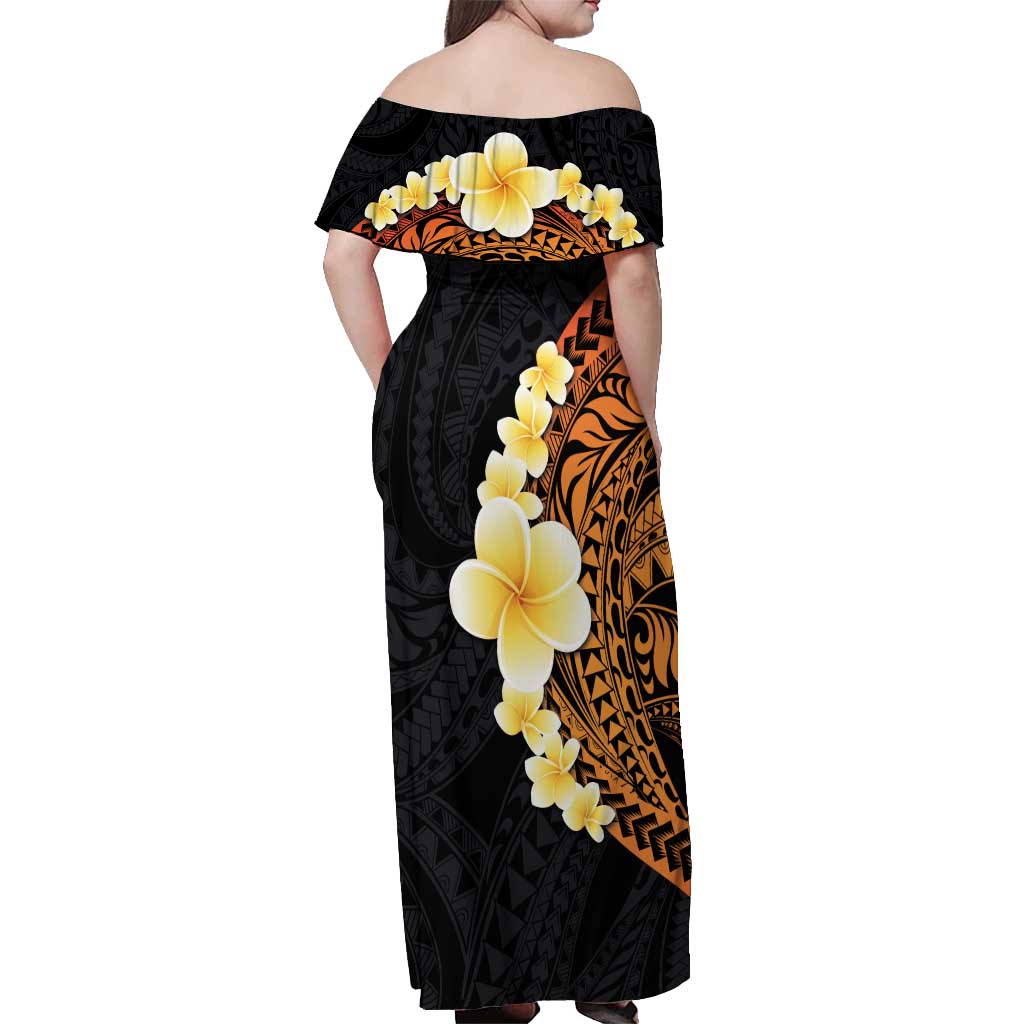 Hawaiian Tropical Plumeria Art Polynesian Tattoo Off Shoulder Maxi Dress Black and Autumn Color Theme