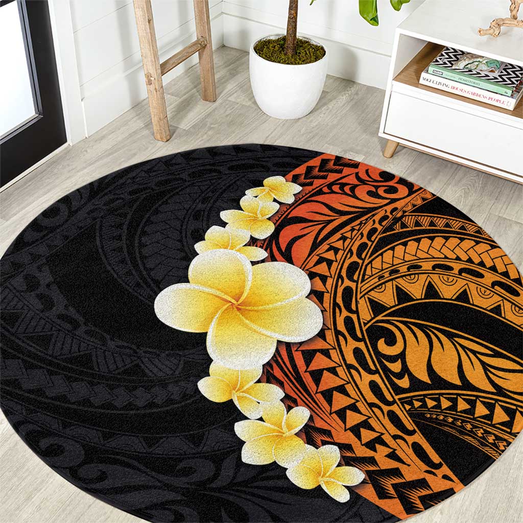 Hawaiian Tropical Plumeria Art Polynesian Tattoo Round Carpet Black and Autumn Color Theme LT03 Orange - Polynesian Pride