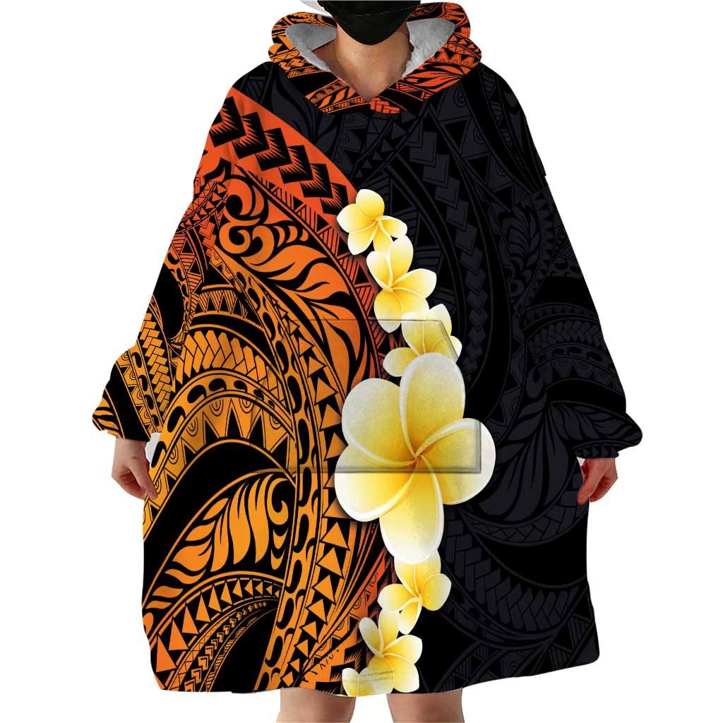 Hawaiian Tropical Plumeria Art Polynesian Tattoo Wearable Blanket Hoodie Black and Autumn Color Theme