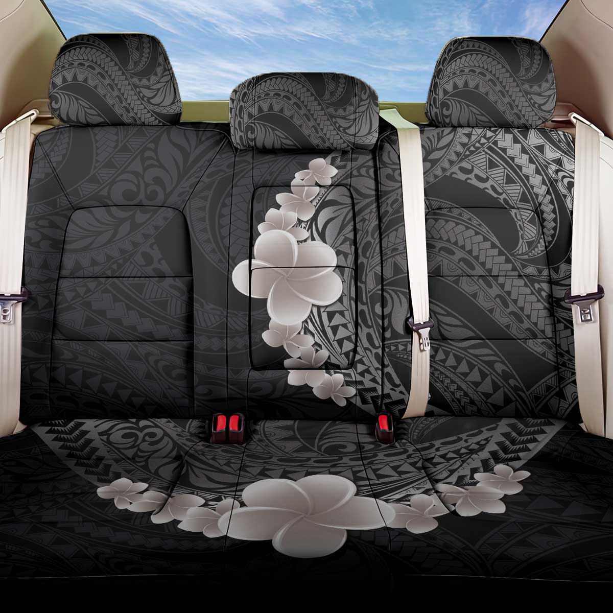 Hawaiian Tropical Plumeria Art Polynesian Tattoo Back Car Seat Cover Grayscale Color LT03 One Size Black - Polynesian Pride