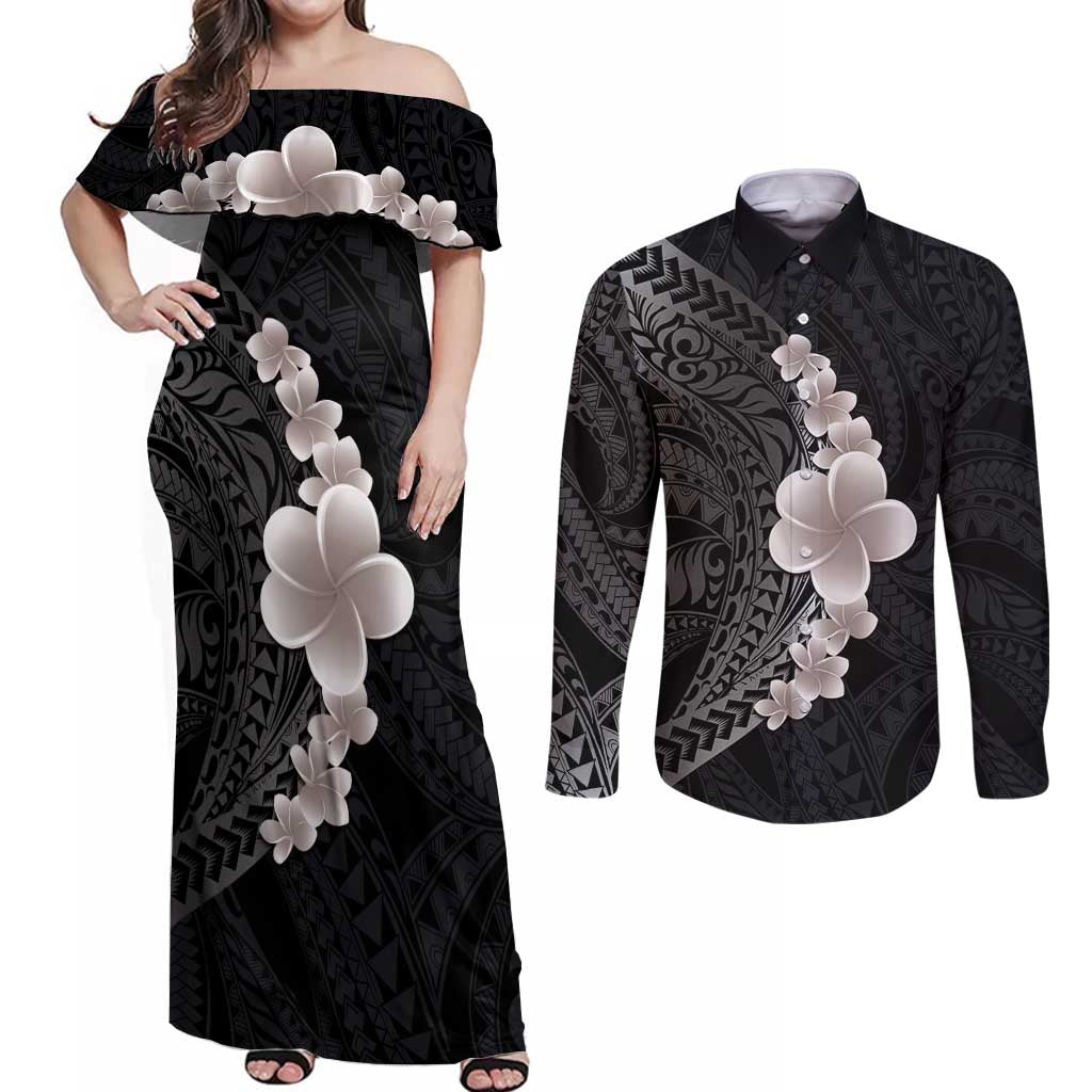 Hawaiian Tropical Plumeria Art Polynesian Tattoo Couples Matching Off Shoulder Maxi Dress and Long Sleeve Button Shirt Grayscale Color LT03 Black - Polynesian Pride