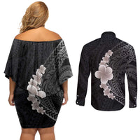 Hawaiian Tropical Plumeria Art Polynesian Tattoo Couples Matching Off Shoulder Short Dress and Long Sleeve Button Shirt Grayscale Color