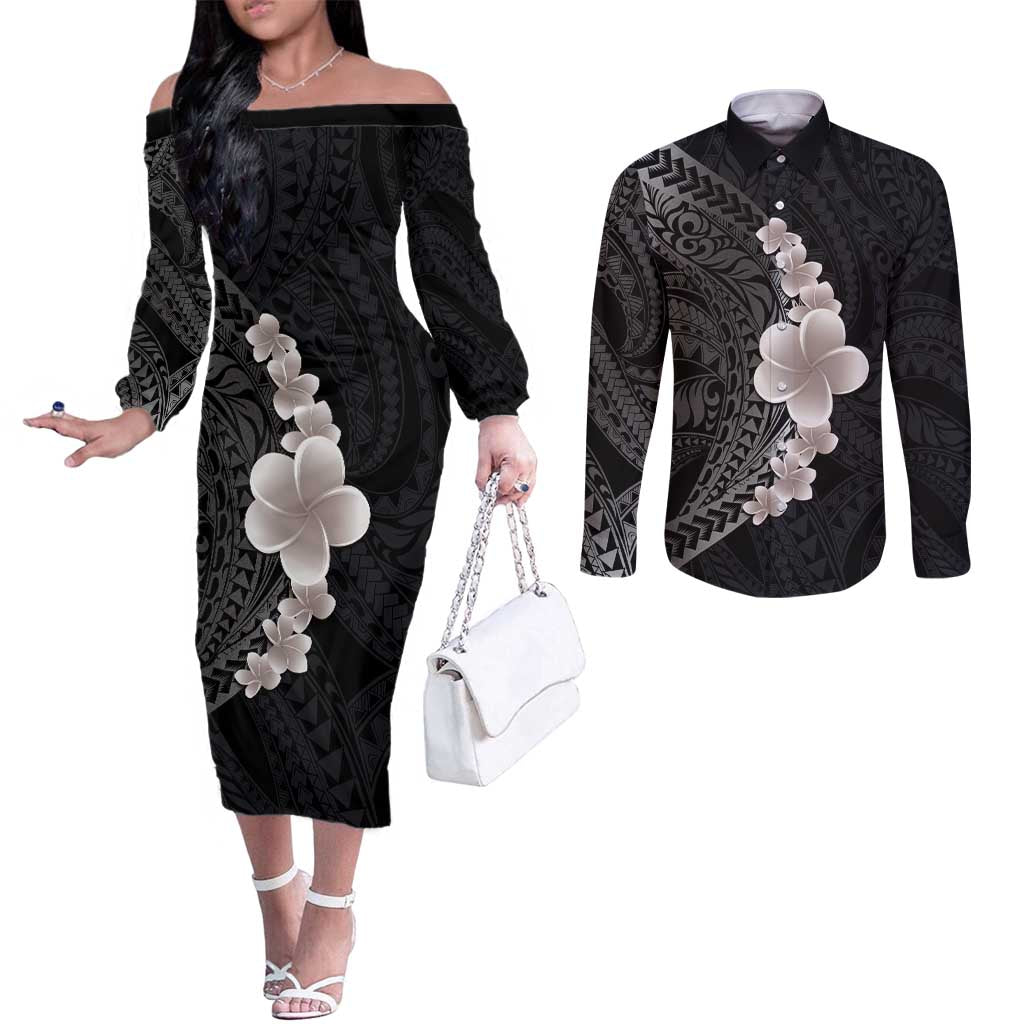 Hawaiian Tropical Plumeria Art Polynesian Tattoo Couples Matching Off The Shoulder Long Sleeve Dress and Long Sleeve Button Shirt Grayscale Color LT03 Black - Polynesian Pride