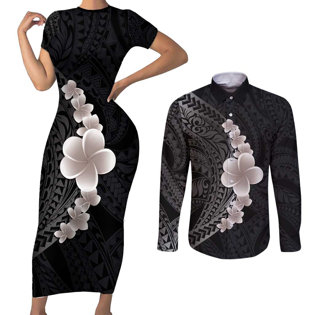Hawaiian Tropical Plumeria Art Polynesian Tattoo Couples Matching Short Sleeve Bodycon Dress and Long Sleeve Button Shirt Grayscale Color LT03 Black - Polynesian Pride