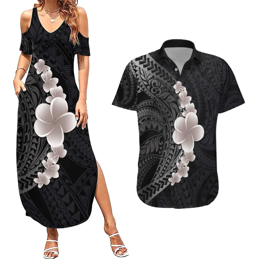 Hawaiian Tropical Plumeria Art Polynesian Tattoo Couples Matching Summer Maxi Dress and Hawaiian Shirt Grayscale Color LT03 Black - Polynesian Pride