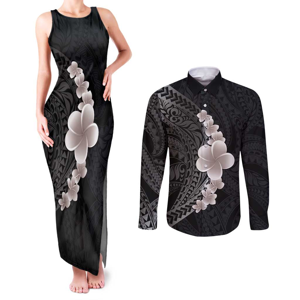 Hawaiian Tropical Plumeria Art Polynesian Tattoo Couples Matching Tank Maxi Dress and Long Sleeve Button Shirt Grayscale Color LT03 Black - Polynesian Pride