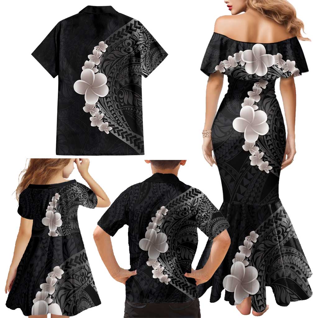 Hawaiian Tropical Plumeria Art Polynesian Tattoo Family Matching Mermaid Dress and Hawaiian Shirt Grayscale Color