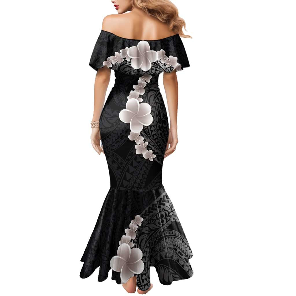 Hawaiian Tropical Plumeria Art Polynesian Tattoo Family Matching Mermaid Dress and Hawaiian Shirt Grayscale Color