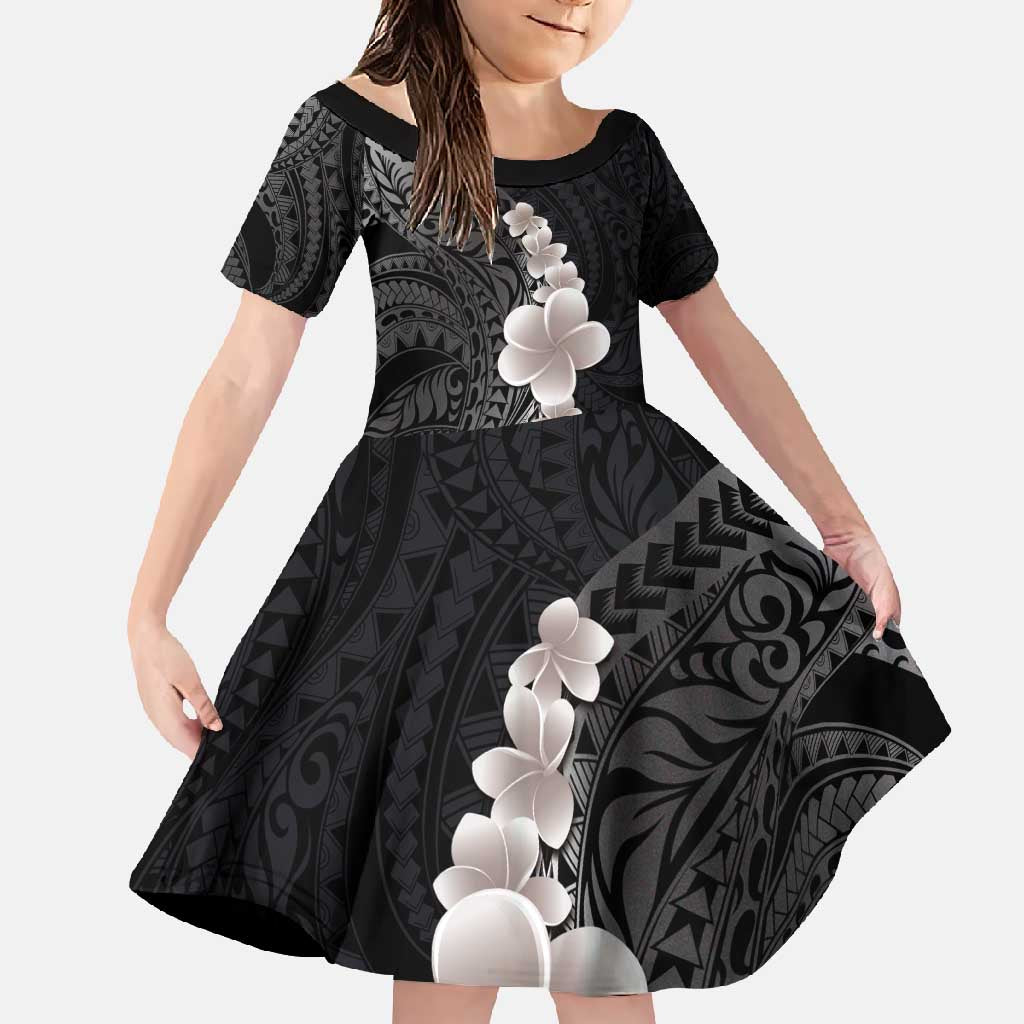 Hawaiian Tropical Plumeria Art Polynesian Tattoo Family Matching Short Sleeve Bodycon Dress and Hawaiian Shirt Grayscale Color LT03 Daughter's Dress Black - Polynesian Pride