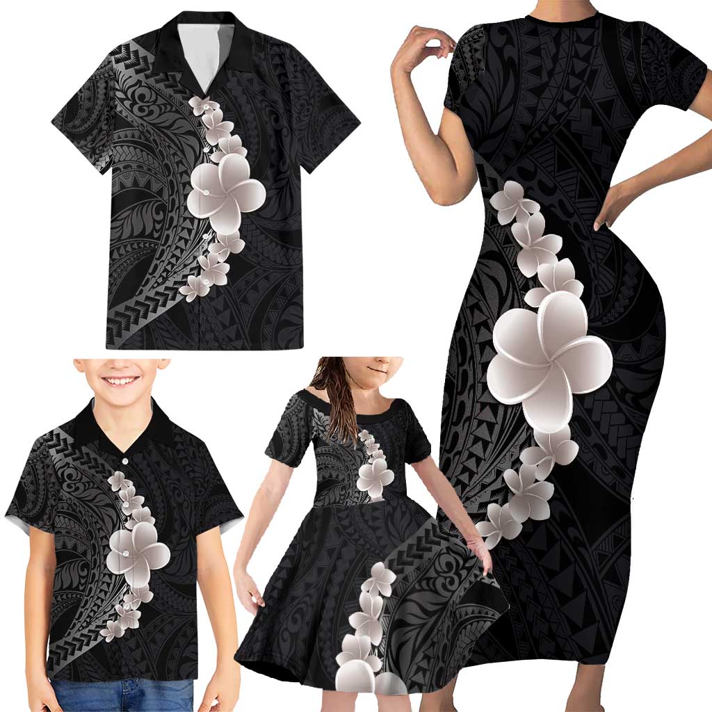 Hawaiian Tropical Plumeria Art Polynesian Tattoo Family Matching Short Sleeve Bodycon Dress and Hawaiian Shirt Grayscale Color LT03 - Polynesian Pride