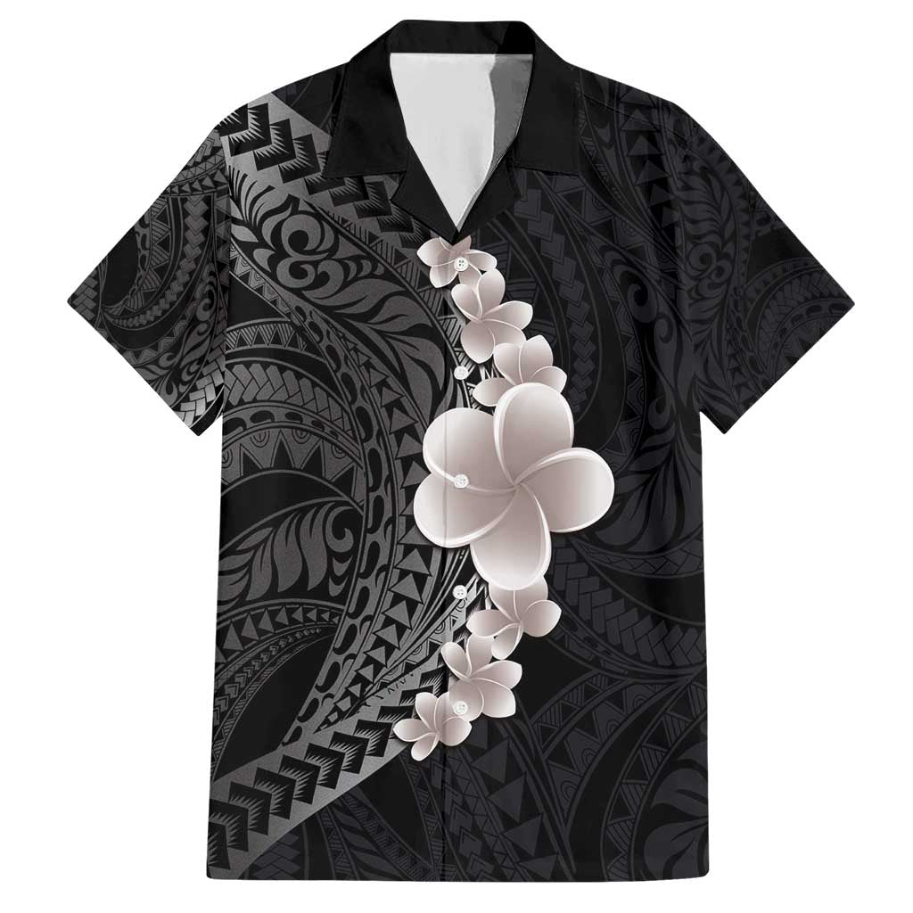Hawaiian Tropical Plumeria Art Polynesian Tattoo Family Matching Short Sleeve Bodycon Dress and Hawaiian Shirt Grayscale Color LT03 Dad's Shirt - Short Sleeve Black - Polynesian Pride