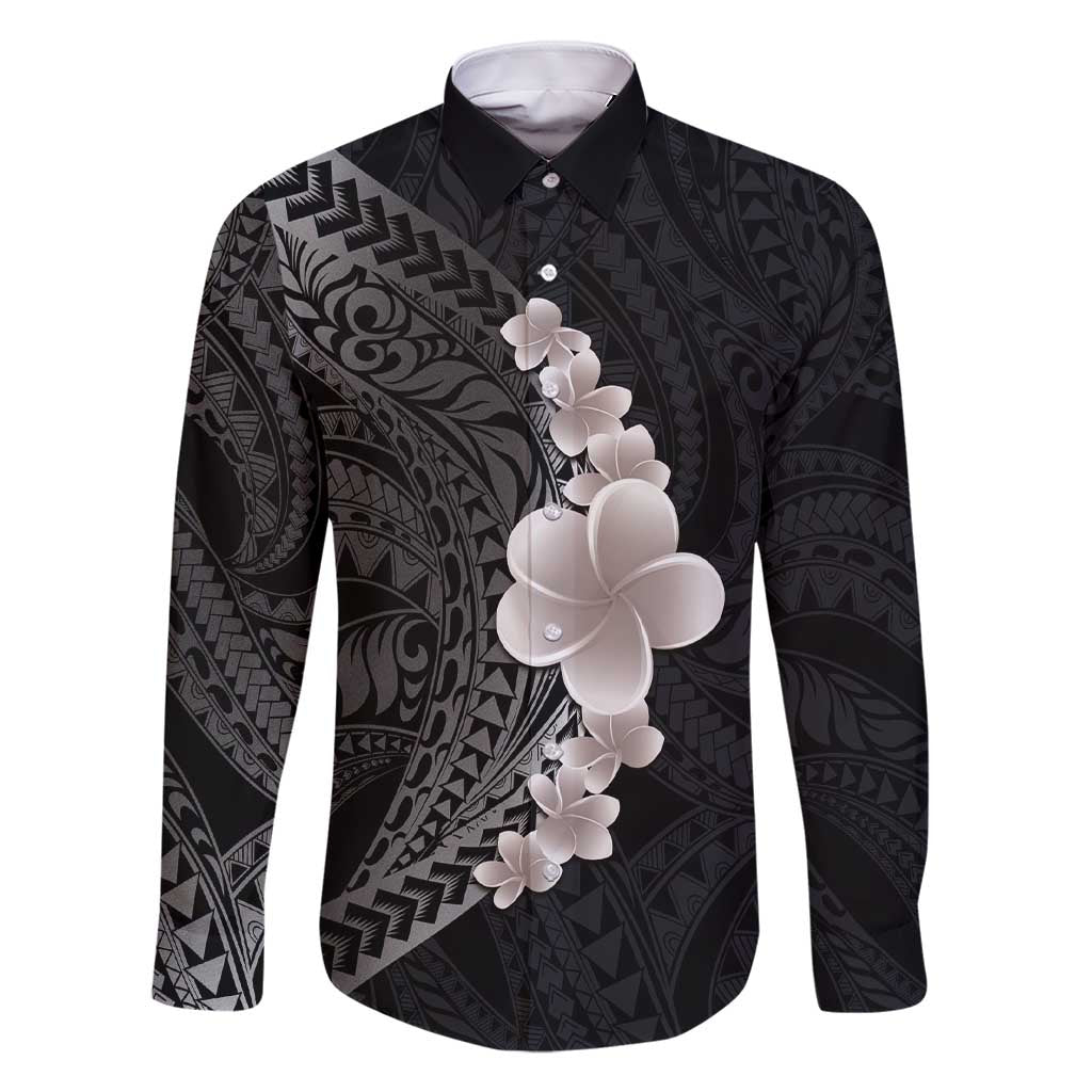 Hawaiian Tropical Plumeria Art Polynesian Tattoo Family Matching Short Sleeve Bodycon Dress and Hawaiian Shirt Grayscale Color LT03 Dad's Shirt - Long Sleeve Black - Polynesian Pride
