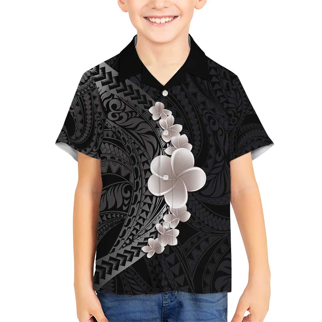 Hawaiian Tropical Plumeria Art Polynesian Tattoo Family Matching Short Sleeve Bodycon Dress and Hawaiian Shirt Grayscale Color LT03 Son's Shirt Black - Polynesian Pride