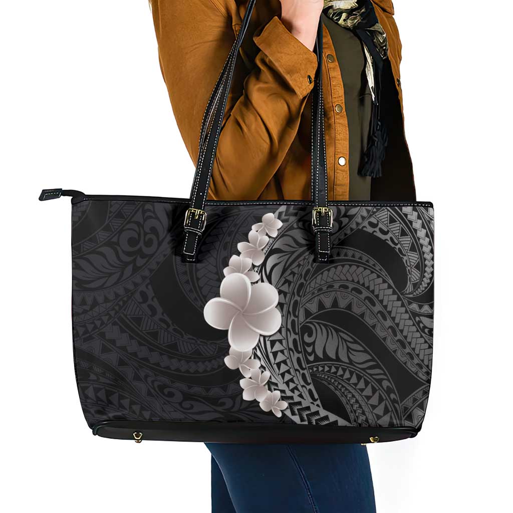 Hawaiian Tropical Plumeria Art Polynesian Tattoo Leather Tote Bag Grayscale Color