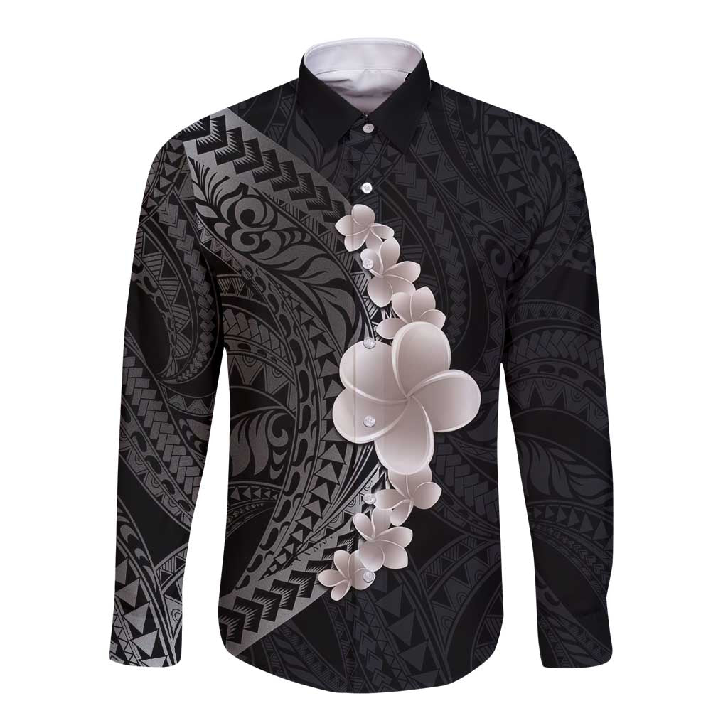 Hawaiian Tropical Plumeria Art Polynesian Tattoo Long Sleeve Button Shirt Grayscale Color LT03 Unisex Black - Polynesian Pride