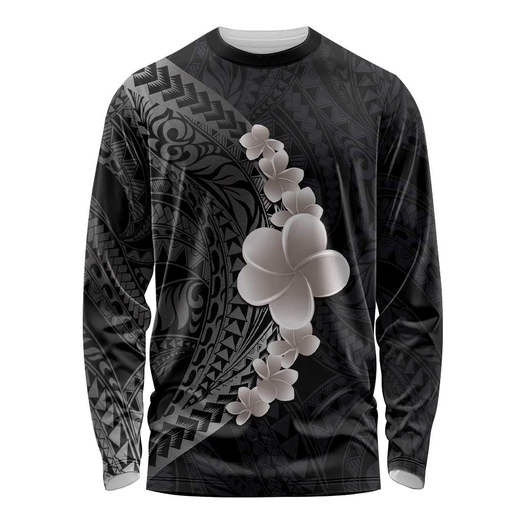 Hawaiian Tropical Plumeria Art Polynesian Tattoo Long Sleeve Shirt Grayscale Color LT03 Unisex Black - Polynesian Pride