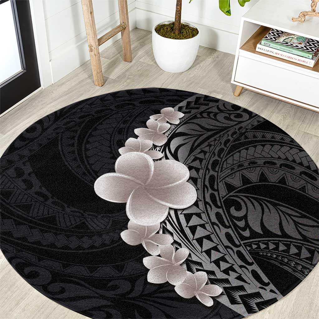 Hawaiian Tropical Plumeria Art Polynesian Tattoo Round Carpet Grayscale Color LT03 Black - Polynesian Pride