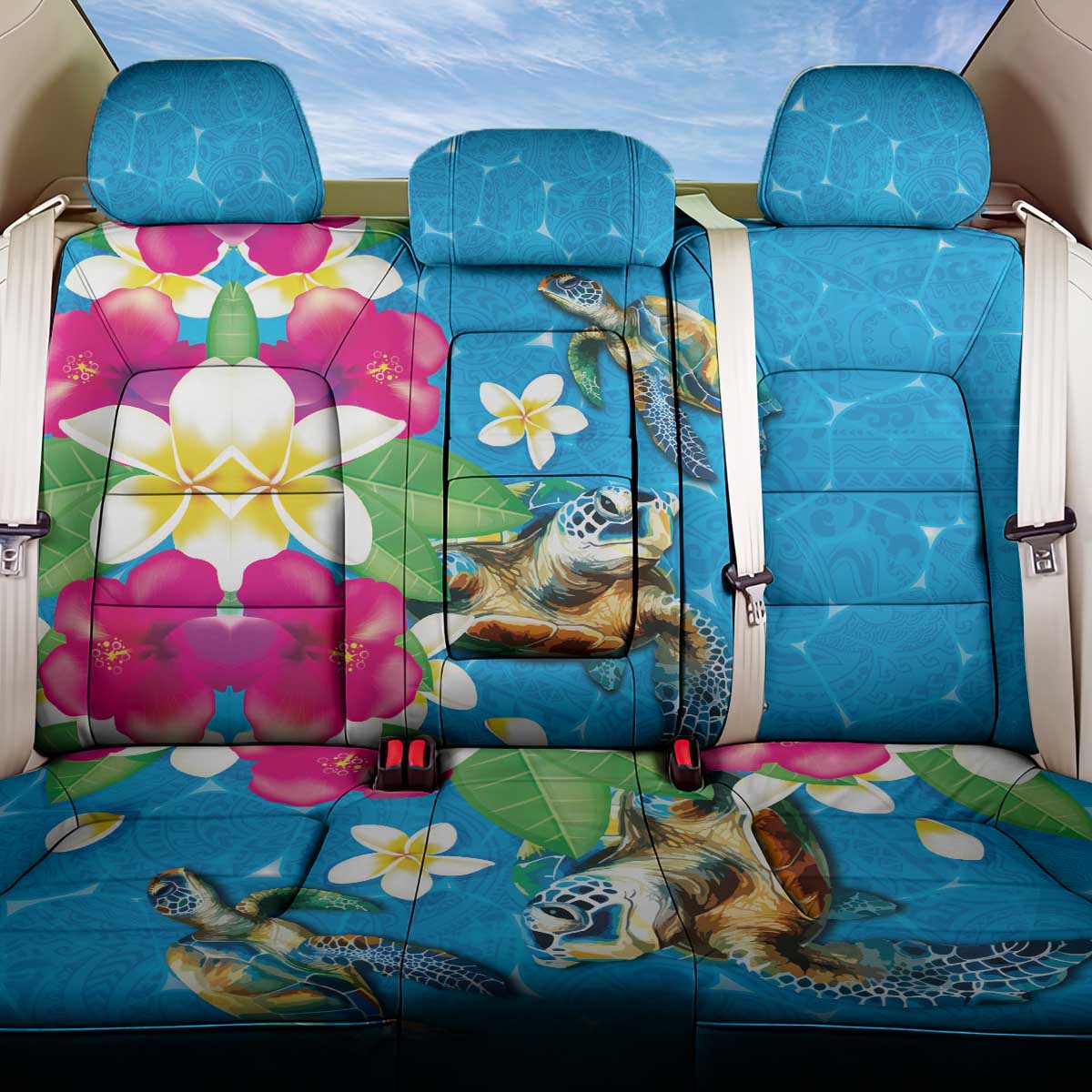 Hawaiian Tropical Flower and Honu Under Blue Water Back Car Seat Cover LT03 One Size Blue - Polynesian Pride
