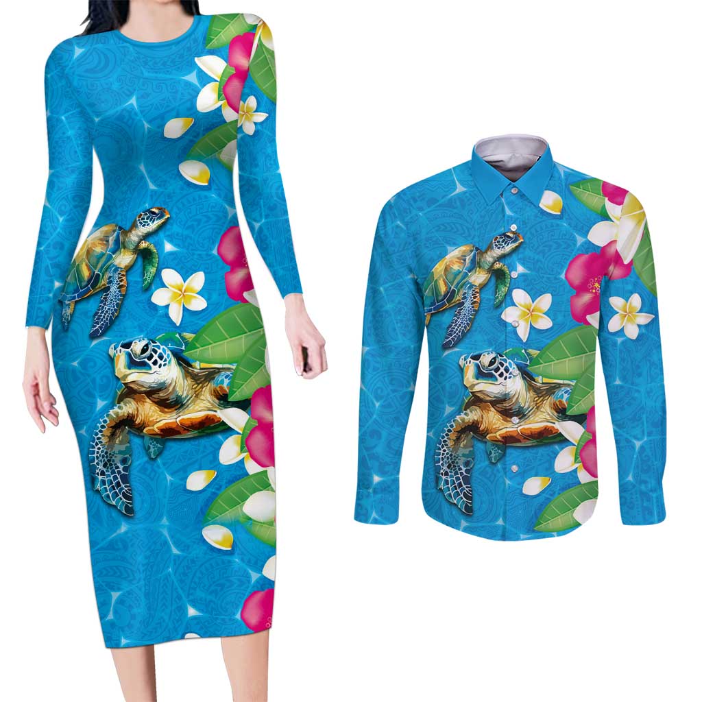Hawaiian Tropical Flower and Honu Under Blue Water Couples Matching Long Sleeve Bodycon Dress and Long Sleeve Button Shirt LT03 Blue - Polynesian Pride