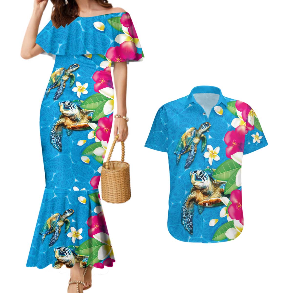 Hawaiian Tropical Flower and Honu Under Blue Water Couples Matching Mermaid Dress and Hawaiian Shirt LT03 Blue - Polynesian Pride