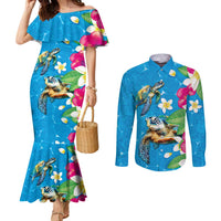Hawaiian Tropical Flower and Honu Under Blue Water Couples Matching Mermaid Dress and Long Sleeve Button Shirt