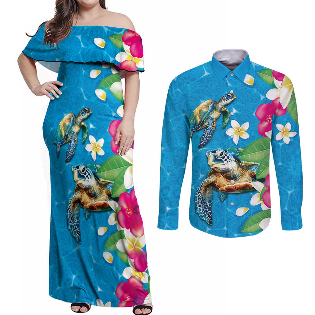 Hawaiian Tropical Flower and Honu Under Blue Water Couples Matching Off Shoulder Maxi Dress and Long Sleeve Button Shirt LT03 Blue - Polynesian Pride