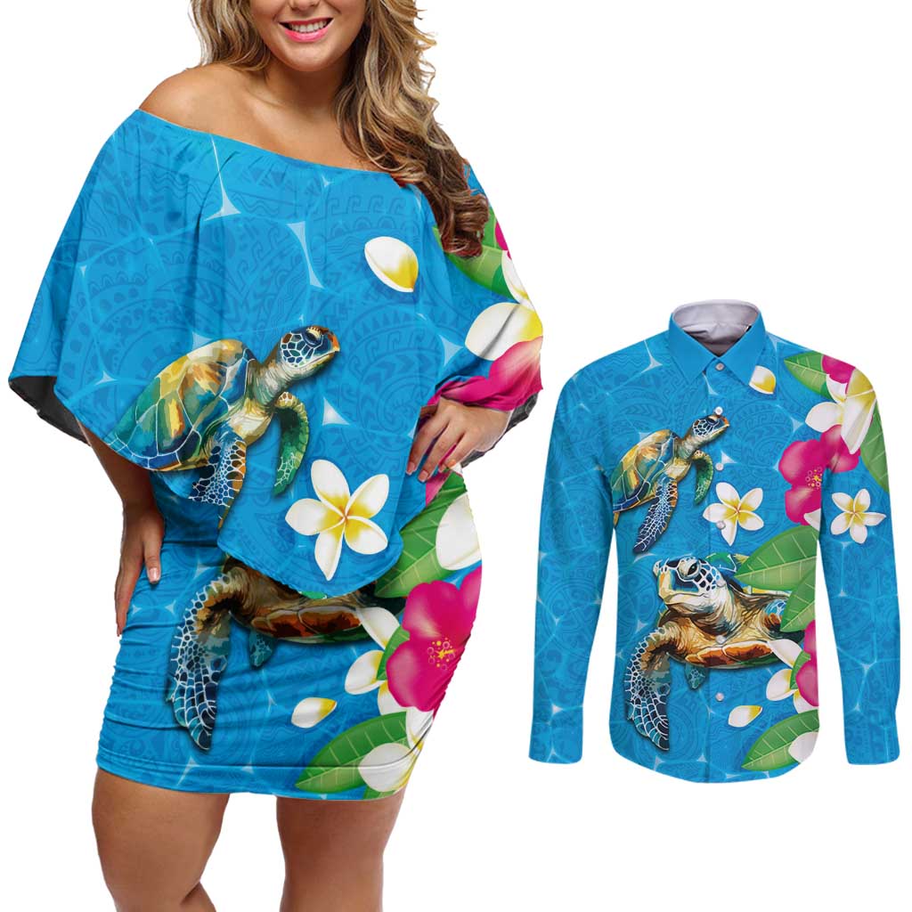 Hawaiian Tropical Flower and Honu Under Blue Water Couples Matching Off Shoulder Short Dress and Long Sleeve Button Shirt LT03 Blue - Polynesian Pride