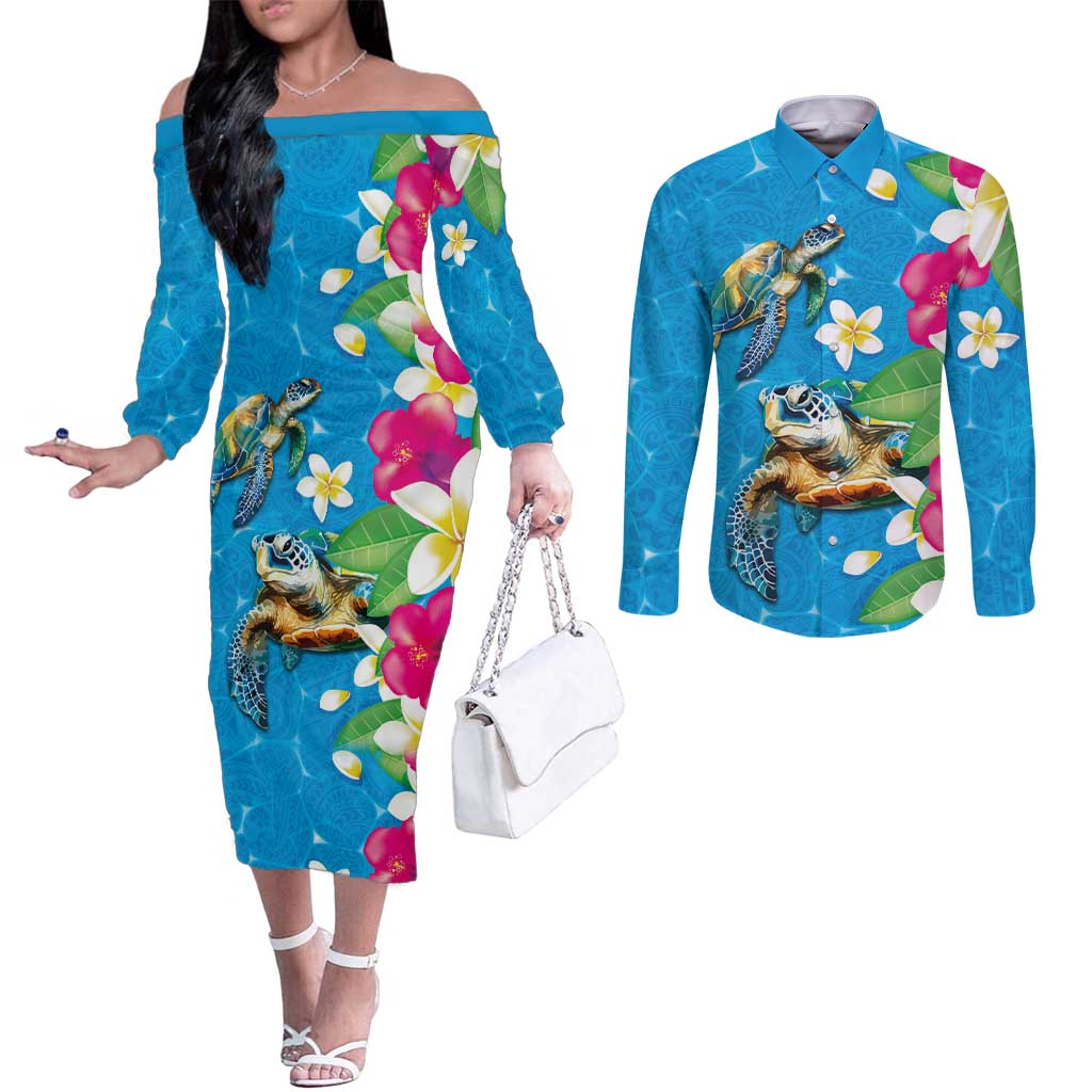 Hawaiian Tropical Flower and Honu Under Blue Water Couples Matching Off The Shoulder Long Sleeve Dress and Long Sleeve Button Shirt LT03 Blue - Polynesian Pride