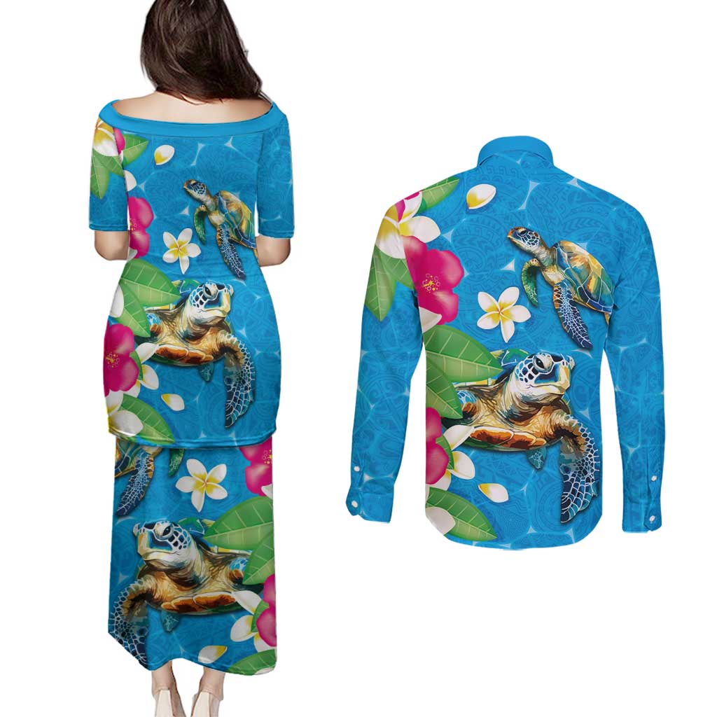 Hawaiian Tropical Flower and Honu Under Blue Water Couples Matching Puletasi and Long Sleeve Button Shirt