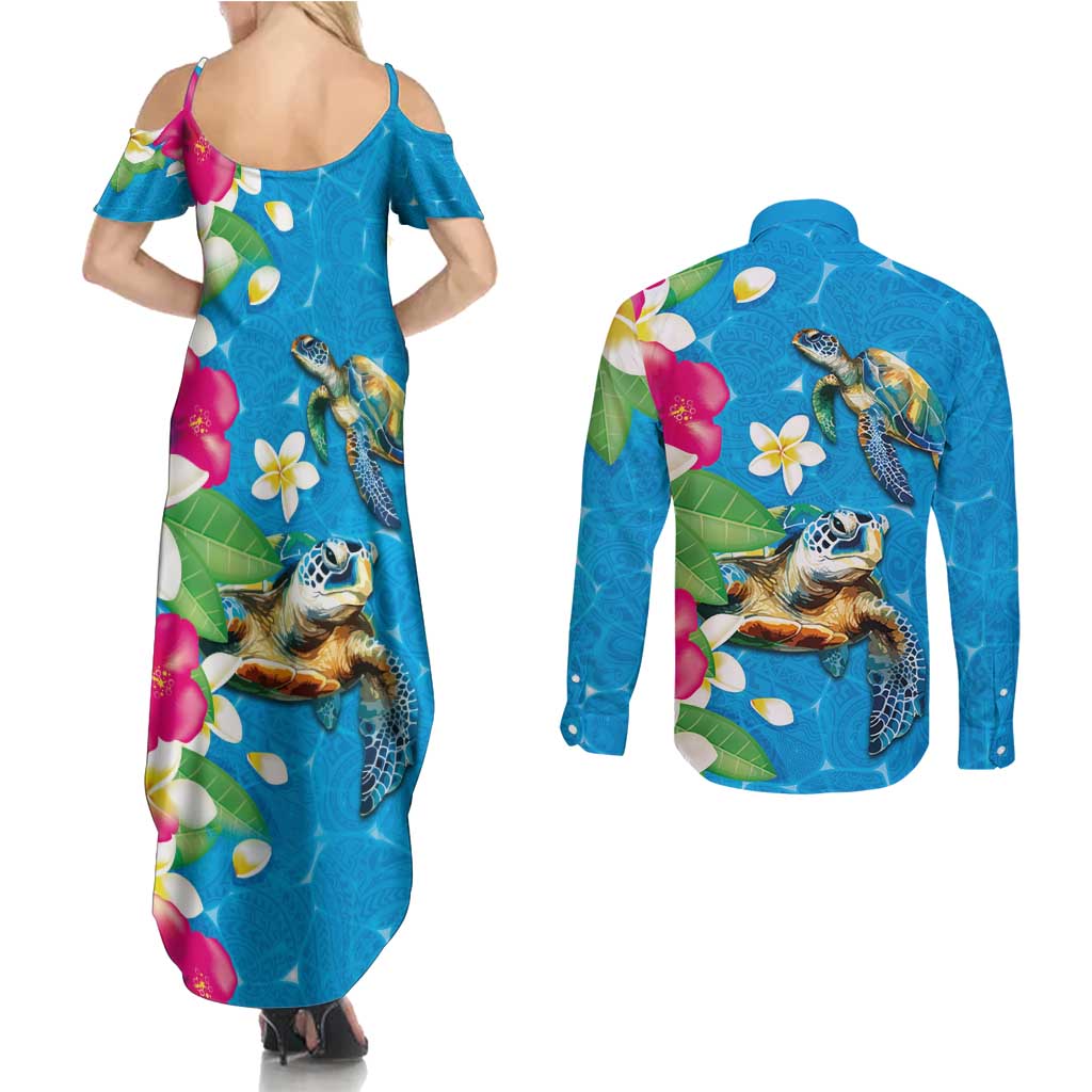 Hawaiian Tropical Flower and Honu Under Blue Water Couples Matching Summer Maxi Dress and Long Sleeve Button Shirt