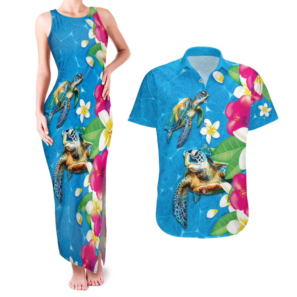 Hawaiian Tropical Flower and Honu Under Blue Water Couples Matching Tank Maxi Dress and Hawaiian Shirt LT03 Blue - Polynesian Pride