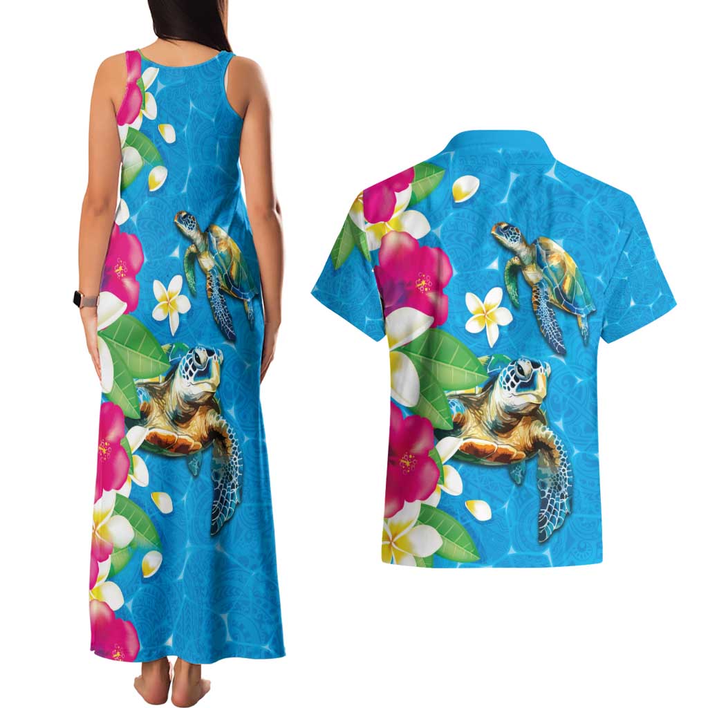 Hawaiian Tropical Flower and Honu Under Blue Water Couples Matching Tank Maxi Dress and Hawaiian Shirt